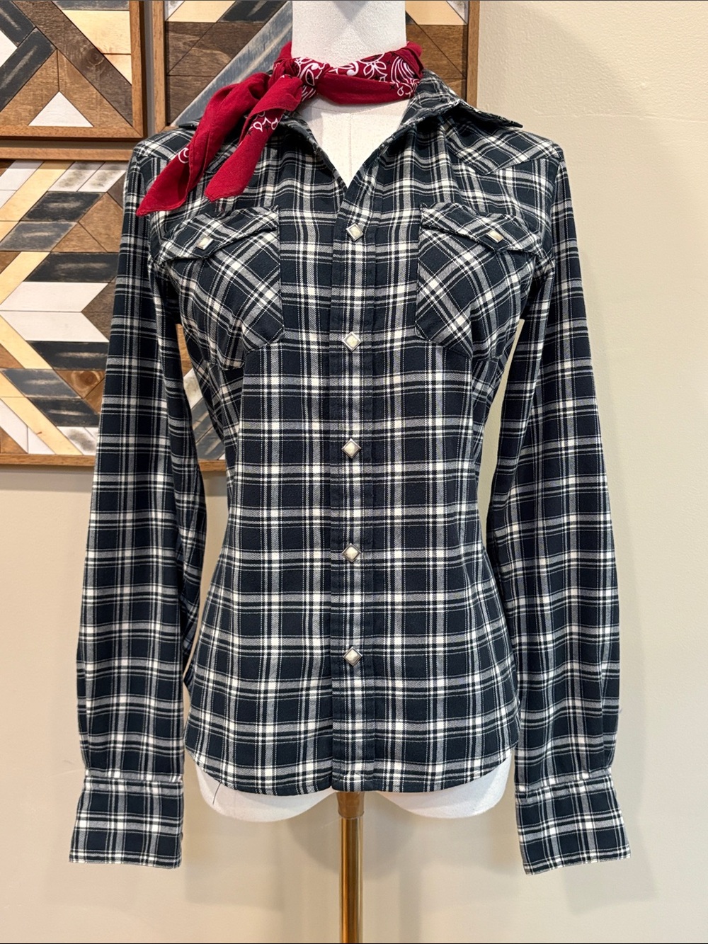 Vintage Ralph Lauren Western Cotton Plaid Pearl Diamond Snap Top Slim Fit 6